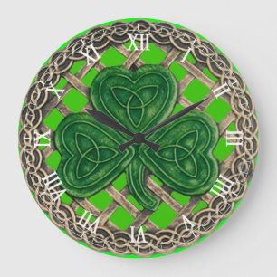 Reloj Redondo Grande Green Shamrock & Celtic Knots Roman Numeral Clock