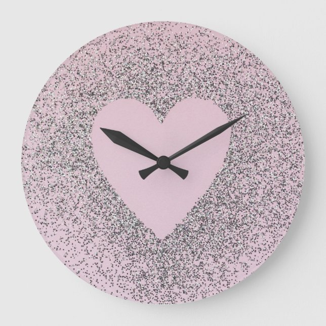 Reloj Redondo Grande Grey Glitter Canvas Art with Pink Heart (Anverso)
