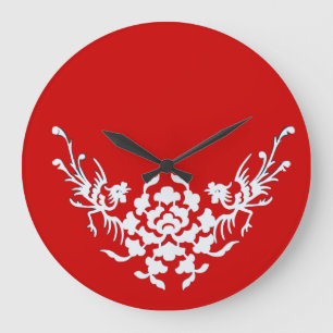 RELOJ REDONDO GRANDE GRIFOS Y FLORES BLANCOS EN ROJO