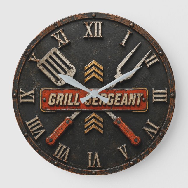 Reloj Redondo Grande Grill Sergeant Funny BBQ Grill Master Man Cave  (Anverso)