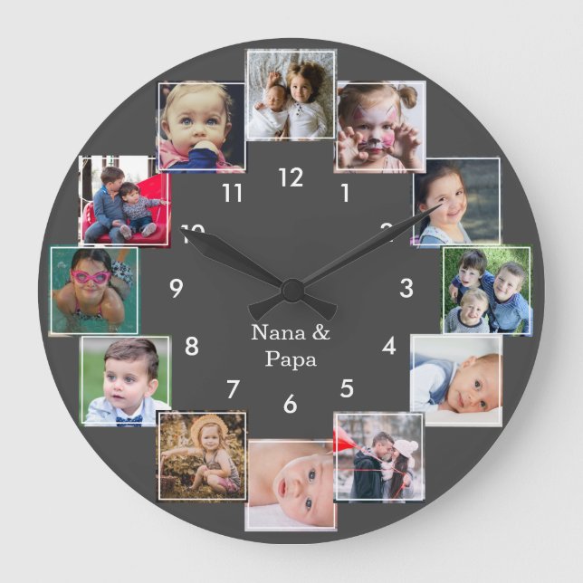 Reloj Redondo Grande Gris de la familia del Collage de fotos divertido (Anverso)