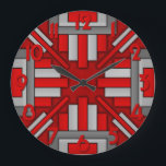 Reloj Redondo Grande Gris geométrico rojo del Art Deco de 1920<br><div class="desc">Este bonito y original diseño de relojes se realiza en un estilo Art Déco geométrico que recuerda a los años 20. Las formas rectangulares apuntan hacia dentro hacia las manos del reloj. Los colores son diferentes en tonos rojos y grises y los números son rojos. Este reloj elegante le dará...</div>