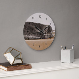 Reloj Redondo Grande Gris Gris Gris Cuidadoso Gato Durmiendo En La Caja