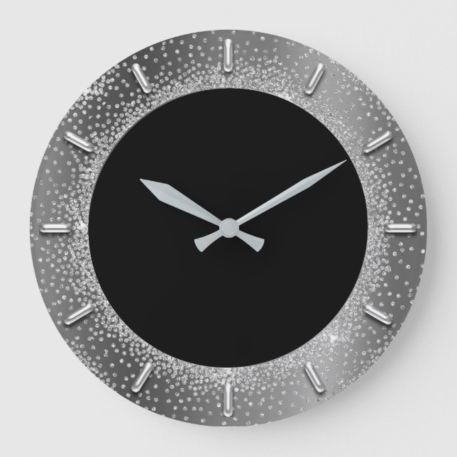 Reloj Redondo Grande Gris gris Purpurina plateado gris negro Metalizado (Anverso)