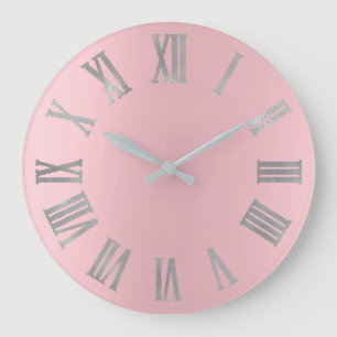 Reloj Redondo Grande Gris plateados rosados Numers romano metálico