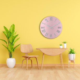 Reloj Redondo Grande Gris plateados rosados Numers romano metálico en