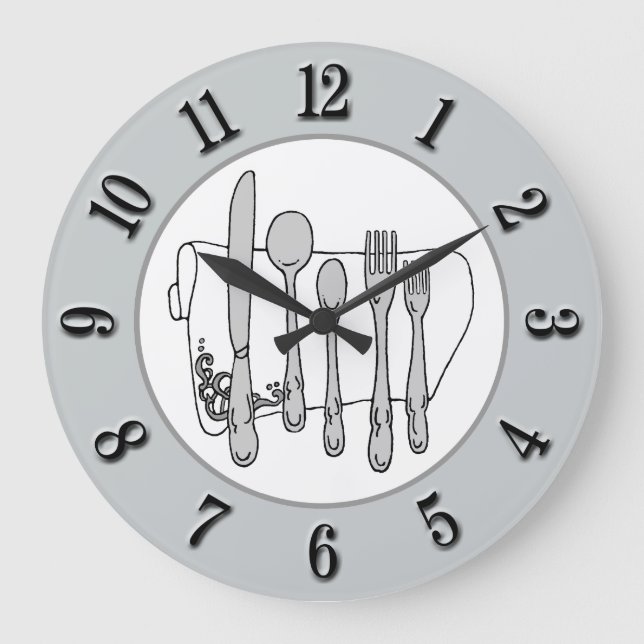 Reloj Redondo Grande Gris Silverware White Napkin Black Number on Gray (Anverso)
