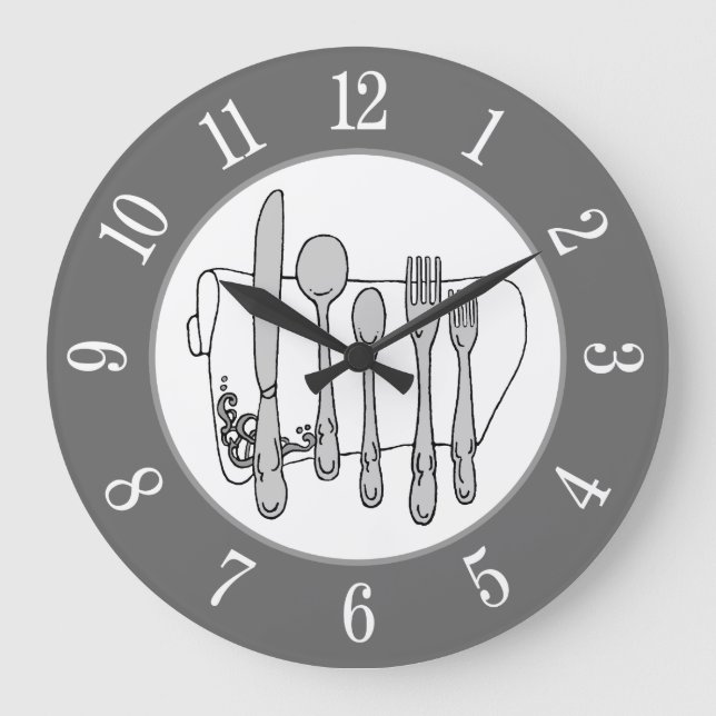 Reloj Redondo Grande Gris Silverware White Napkin Número blanco en gris (Anverso)