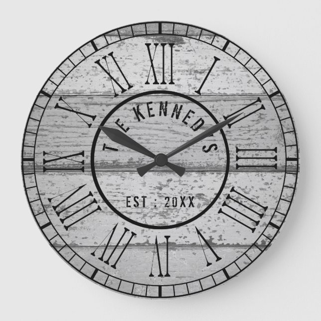 Reloj Redondo Grande Gris Weathered Wood Family Name Roman Numeral (Anverso)