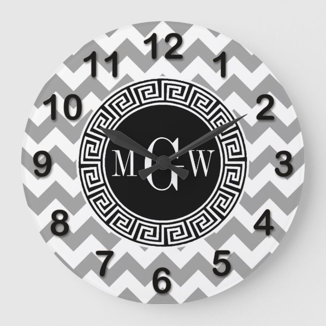 Reloj Redondo Grande Gris Whats Chevron Black Greek Key 3 Monograma (Anverso)