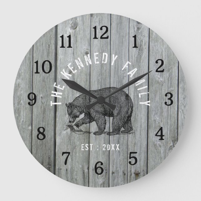 Reloj Redondo Grande Gris Wood Black Bear Cabaña Nombre familiar (Anverso)