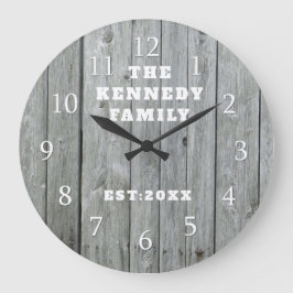 Reloj Redondo Grande Gris Wood Family Name Farmhouse Personalizado