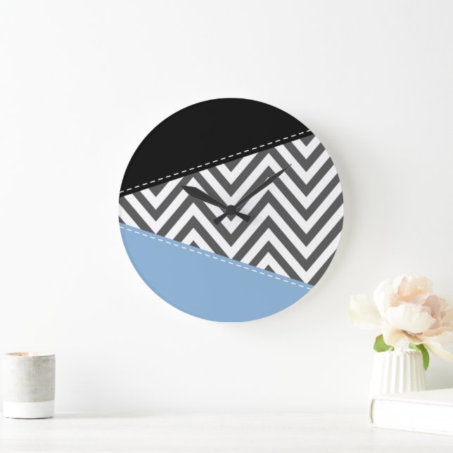 Reloj Redondo Grande Gris Zigzag, Gris Chevron, Zigzag Pattern, Azul (Hogar)