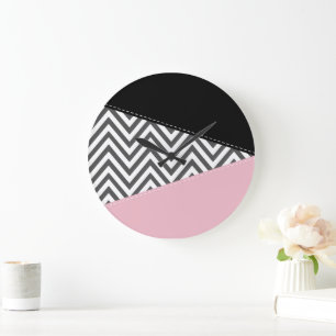 Reloj Redondo Grande Gris Zigzag, Gris Chevron, Zigzag Pattern, Rosa