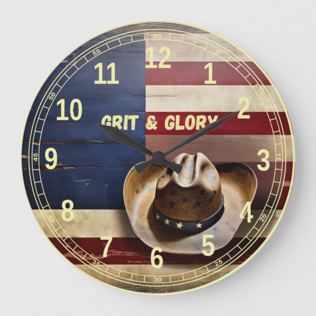 Reloj Redondo Grande Grit & Glory Cowboy Hat USA Flag Wall Clock (Anverso)