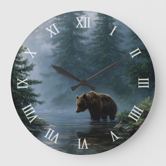 Reloj Redondo Grande Grizzly Bear Misty Forest (Anverso)