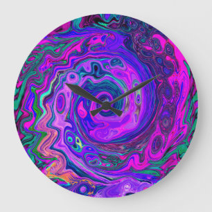Reloj Redondo Grande Groovy Abstracto Retro Magenta y Remolino de Púrpu