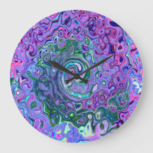 Reloj Redondo Grande Groovy Abstracto Retro Remolino Verde y Púrpura