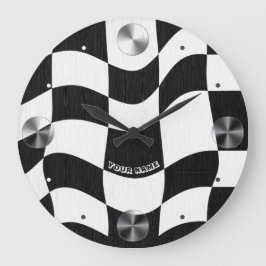 Reloj Redondo Grande Groovy Ondulada Cuadrícula en Blanco y Negro