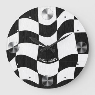 Reloj Redondo Grande Groovy Ondulada Cuadrícula en Blanco y Negro