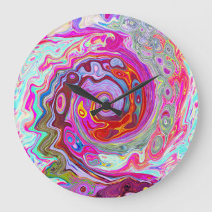 Reloj Redondo Grande Groovy Resumen Retro Pink caliente y Blue Swirl
