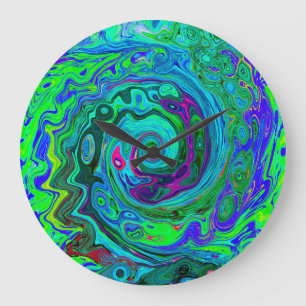 Reloj Redondo Grande Groovy Resumen Swirl Retro Verde y Azul