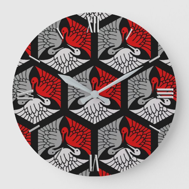 Reloj Redondo Grande Grúas japonesas, rojo, gris/gris y negro (Anverso)