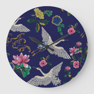 Reloj Redondo Grande Grúas y flores bordadas, sin costura vintage p