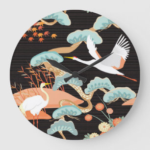 Reloj Redondo Grande Grullas, garzas: Patrón de pájaros japoneses.