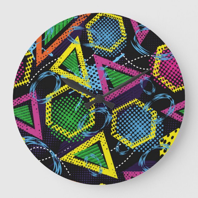 Reloj Redondo Grande Grunge patrón deportivo, diseño infantil. (Anverso)