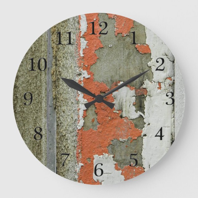 Reloj Redondo Grande Grunge pintura de naranja descascarada en la pared (Anverso)