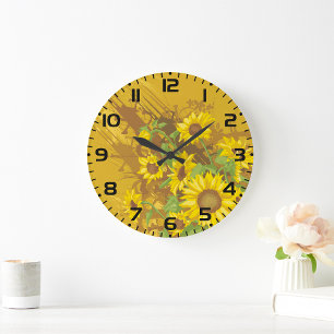 Reloj Redondo Grande Grunge Sunflower Art Negrita Floral Rústica Amaril
