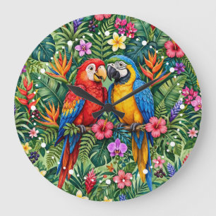 Reloj Redondo Grande Guacamayos de la selva Loros alegres Flores vibran