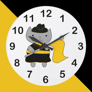 Reloj Redondo Grande Guardia de Color Gato Negro Amarillo Banda de Músi