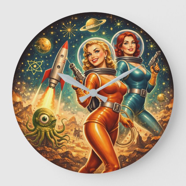 Reloj Redondo Grande Guardianes Galácticos Chicas Retro del Espacio (Anverso)