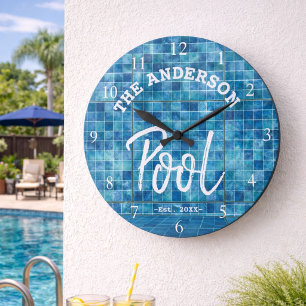 Reloj Redondo Grande Guay Blue Tile Piscina Familia Nombre Personalizad