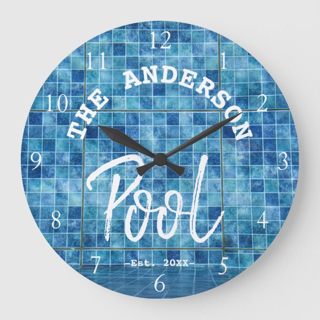 Reloj Redondo Grande Guay Blue Tile Piscina Familia Nombre Personalizad (Anverso)