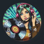 Reloj Redondo Grande Guay Pop Art Comic Style Chica con álbum Vinyl<br><div class="desc">Chica de cómic al estilo del arte pop con auriculares para escuchar música y un disco de vinilo en sus manos.</div>