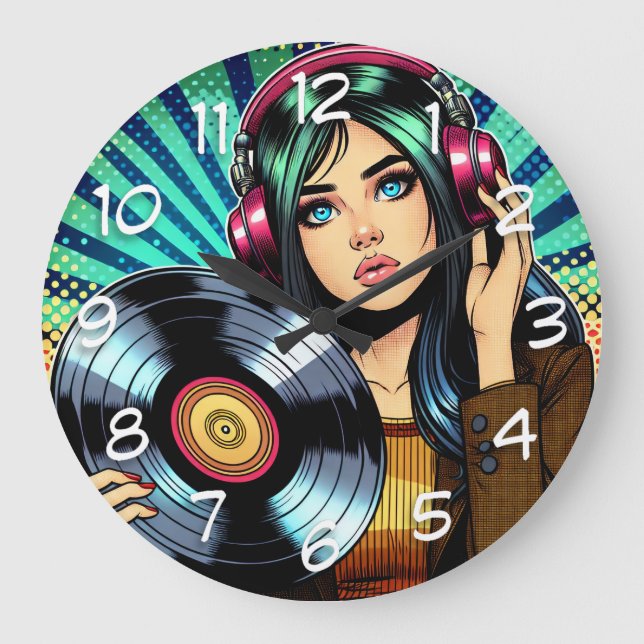 Reloj Redondo Grande Guay Pop Art Comic Style Chica con álbum Vinyl (Anverso)