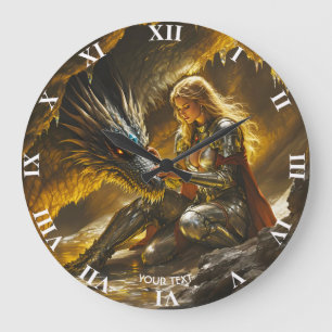 Reloj Redondo Grande Guerrera femenina de dragón lindo de fantasía