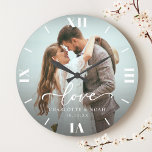 Reloj Redondo Grande Guión de foto de boda<br><div class="desc">Celebre el amor con nuestro reloj grande de guión de foto de boda personalizado, que presenta un guión elegante y un diseño moderno y chic. Este reloj de foto personalizado muestra hermosamente su foto de boda favorita, lo que lo convierte en un recuerdo atemporal para recién casados o un regalo...</div>