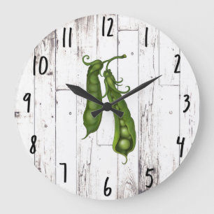 Reloj Redondo Grande Guisantes Verdes Chícharo Blanco Madera Rústica Co