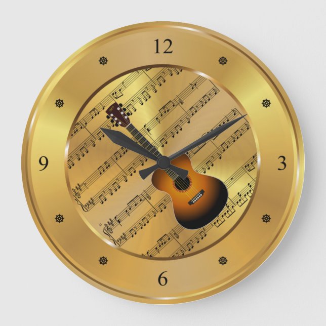 Reloj Redondo Grande Guitar ~ Hoja de música ~ Fondo de oro ~ Único ~ (Anverso)