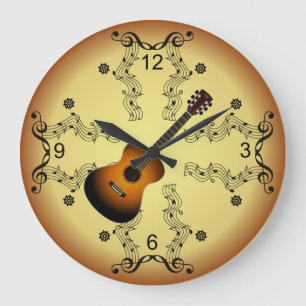 Reloj Redondo Grande Guitar ~ Musical Scroll ~ Golden Background ~