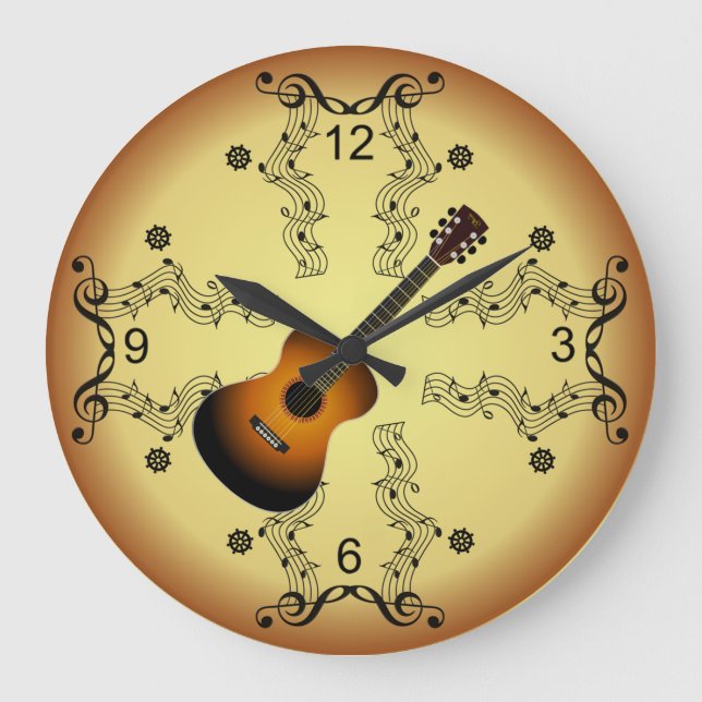 Reloj Redondo Grande Guitar ~ Musical Scroll ~ Golden Background ~ (Anverso)