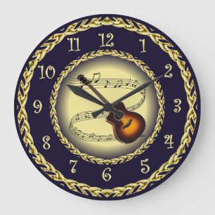 Reloj Redondo Grande Guitar ~ Musical Scroll ~ Oro/Azul marino ~