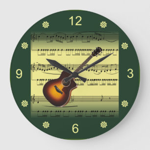Reloj Redondo Grande Guitar~Rolled Sheet Music~Gold/Green Background~
