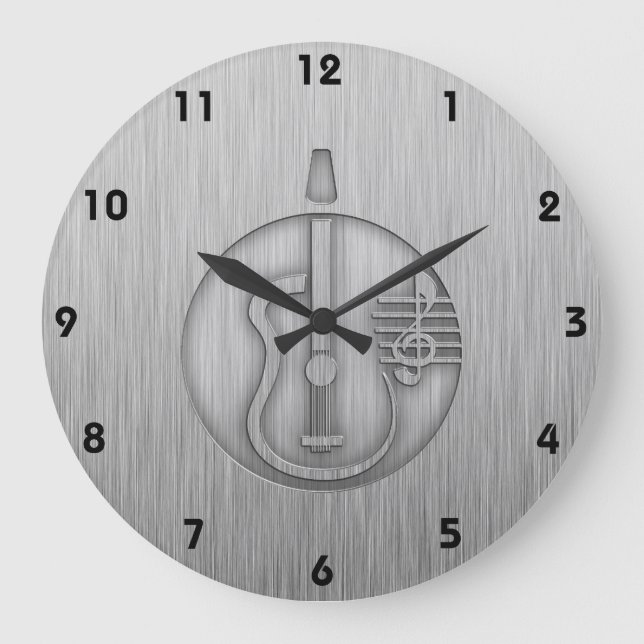 Reloj Redondo Grande Guitarra acústica; Metal-mirada cepillada (Anverso)
