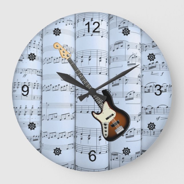 Reloj Redondo Grande Guitarra Elec ~ Rolling Sheet Music ~ Blue Tint Ba (Anverso)