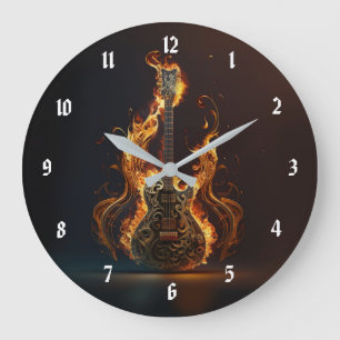 Reloj Redondo Grande Guitarra eléctrica en llamas